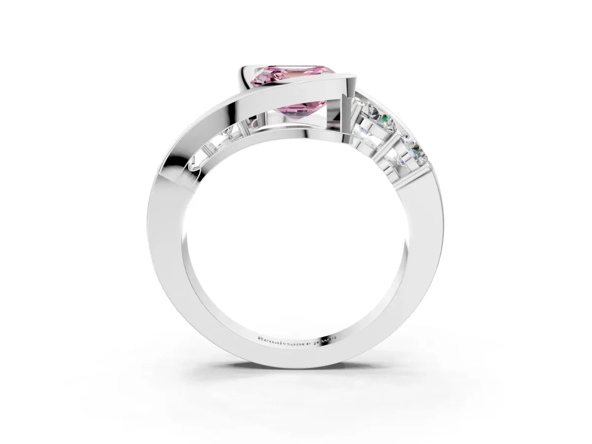 Fancy Pink Bezel Set Asscher Cut Diamond Bypass Ring with Round Accents Platinum