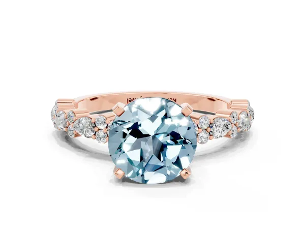 Round Cut Aquamarine Side Stone Solitaire Ring with Round and Four-Prong Setting Rose gold