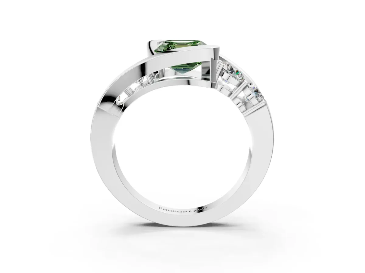 Fancy Green Bezel Set Asscher Cut Diamond Bypass Ring with Round Accents Platinum