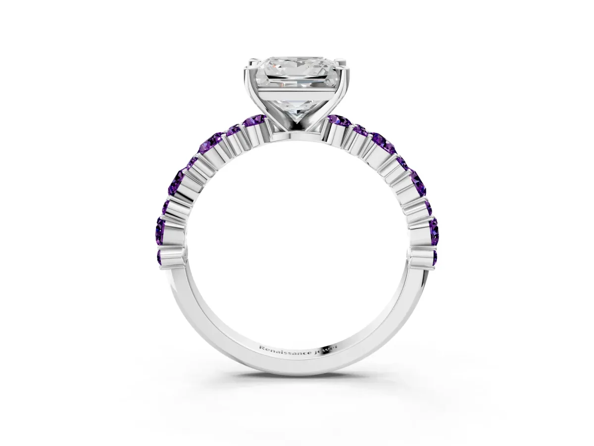 Princess Cut Diamond Side Stone Solitaire Ring with Round Amethyst and Four-Prong Setting Platinum
