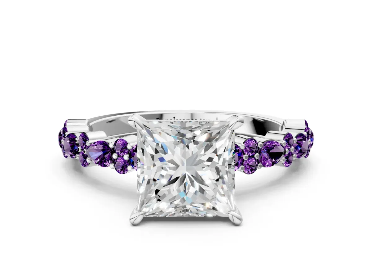 Princess Cut Diamond Side Stone Solitaire Ring with Round Amethyst and Four-Prong Setting Platinum