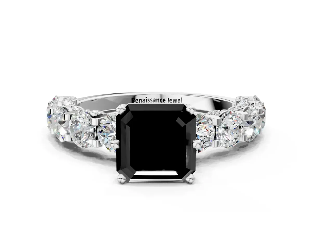 Fancy Black Asscher Cut Diamond Side Stone Engagement Ring with Four-Prong Setting Platinum