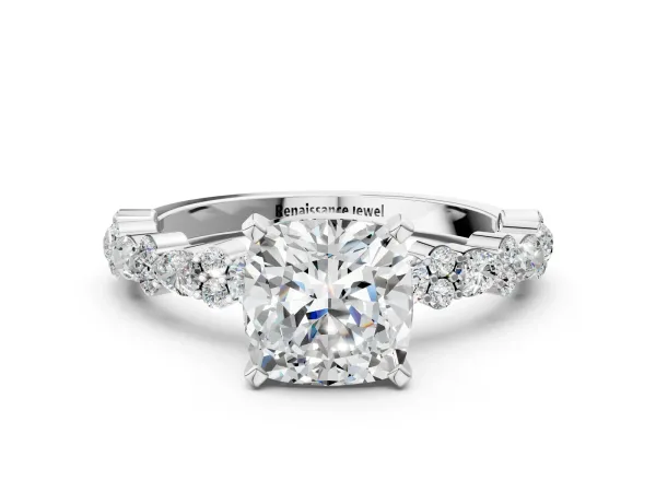 Cushion Cut Diamond Side Stone Solitaire Ring with Round Moissanite and Four-Prong Setting Platinum