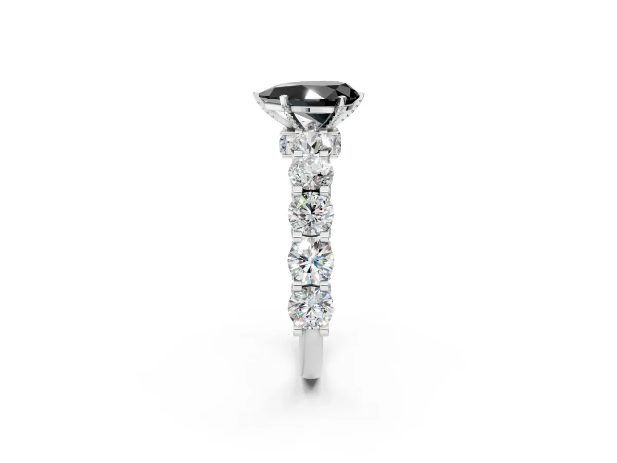 Fancy Black Pear Cut Diamond Side Stone Engagement Ring with Four-Prong Setting White gold