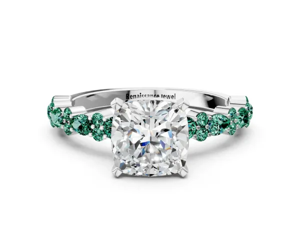 Cushion Cut Diamond Side Stone Solitaire Ring with Round Green Sapphire and Four-Prong Setting Platinum