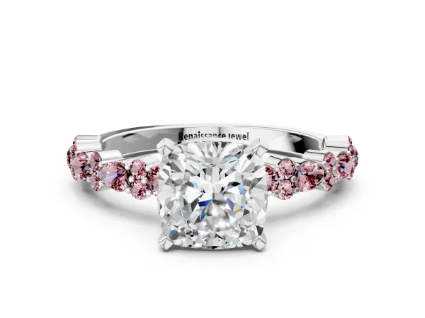 Cushion Cut Diamond Side Stone Solitaire Ring with Round Morganite and Four-Prong Setting Platinum