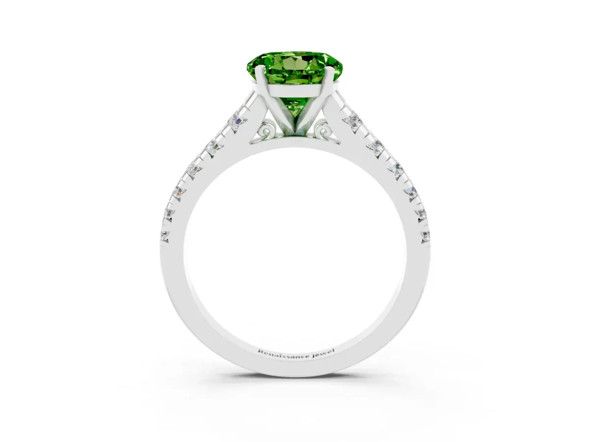 Round Cut Peridot Cathedral Solitaire Ring with Round Pavé Band Platinum