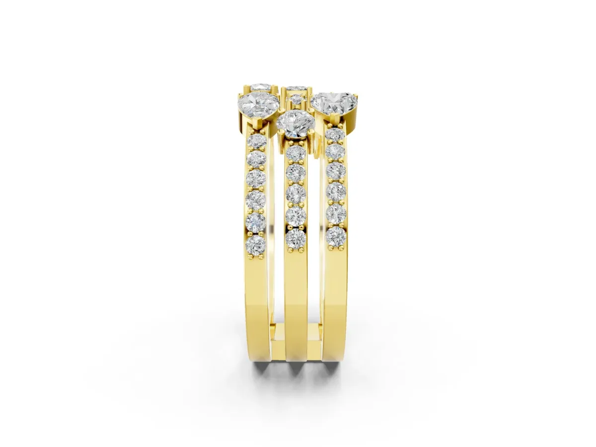 Mixed Shape Diamond Multi Row Promise Ring with Round Diamond Accents Yellow gold