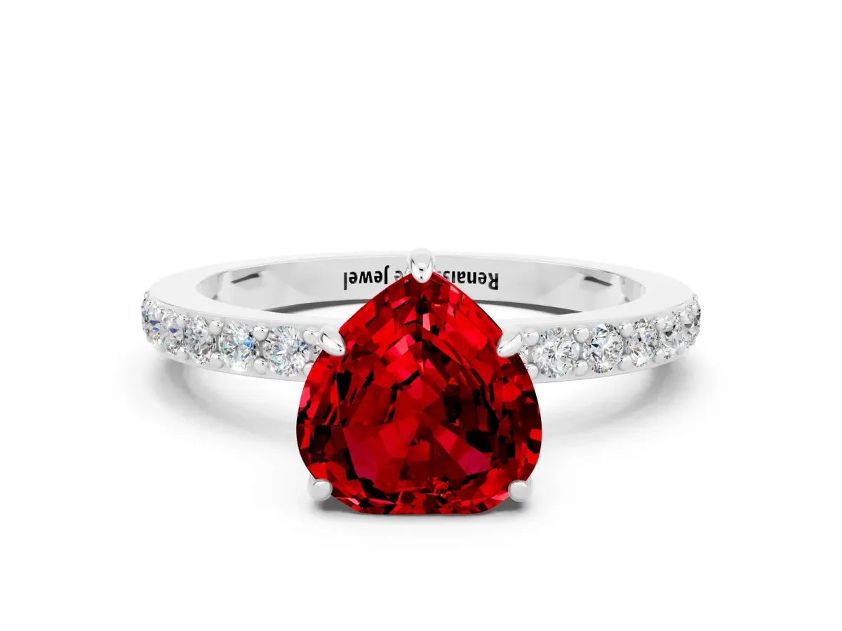 Heart Cut Ruby Solitaire Engagement Ring with Pavé Band and Four-Prong Setting White gold