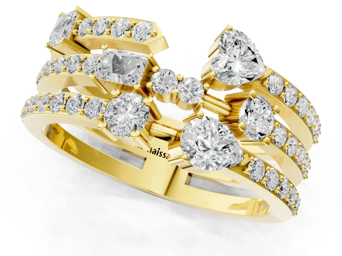 Mixed Shape Diamond Multi Row Promise Ring with Round Diamond Accents Yellow gold