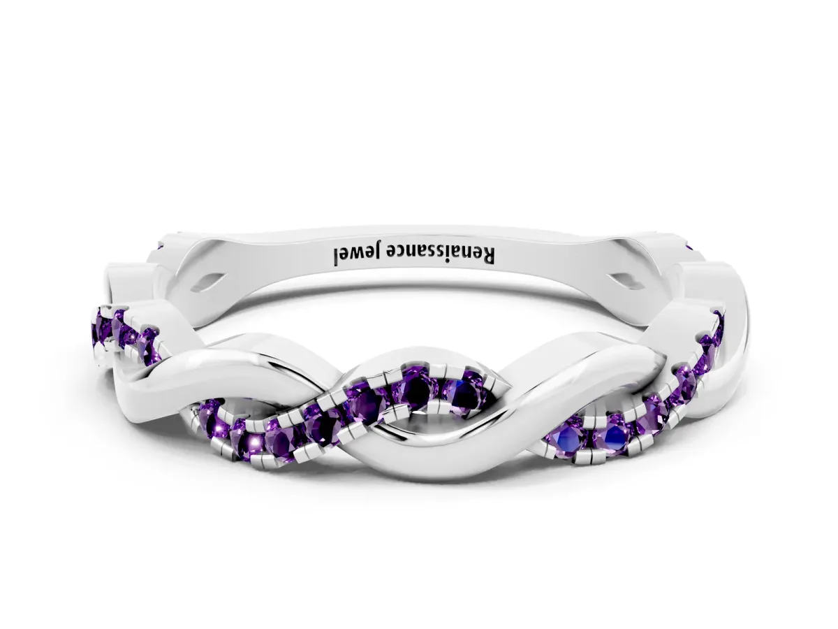 Round Amethyst Twist Eternity Band with Pavé Setting Silver