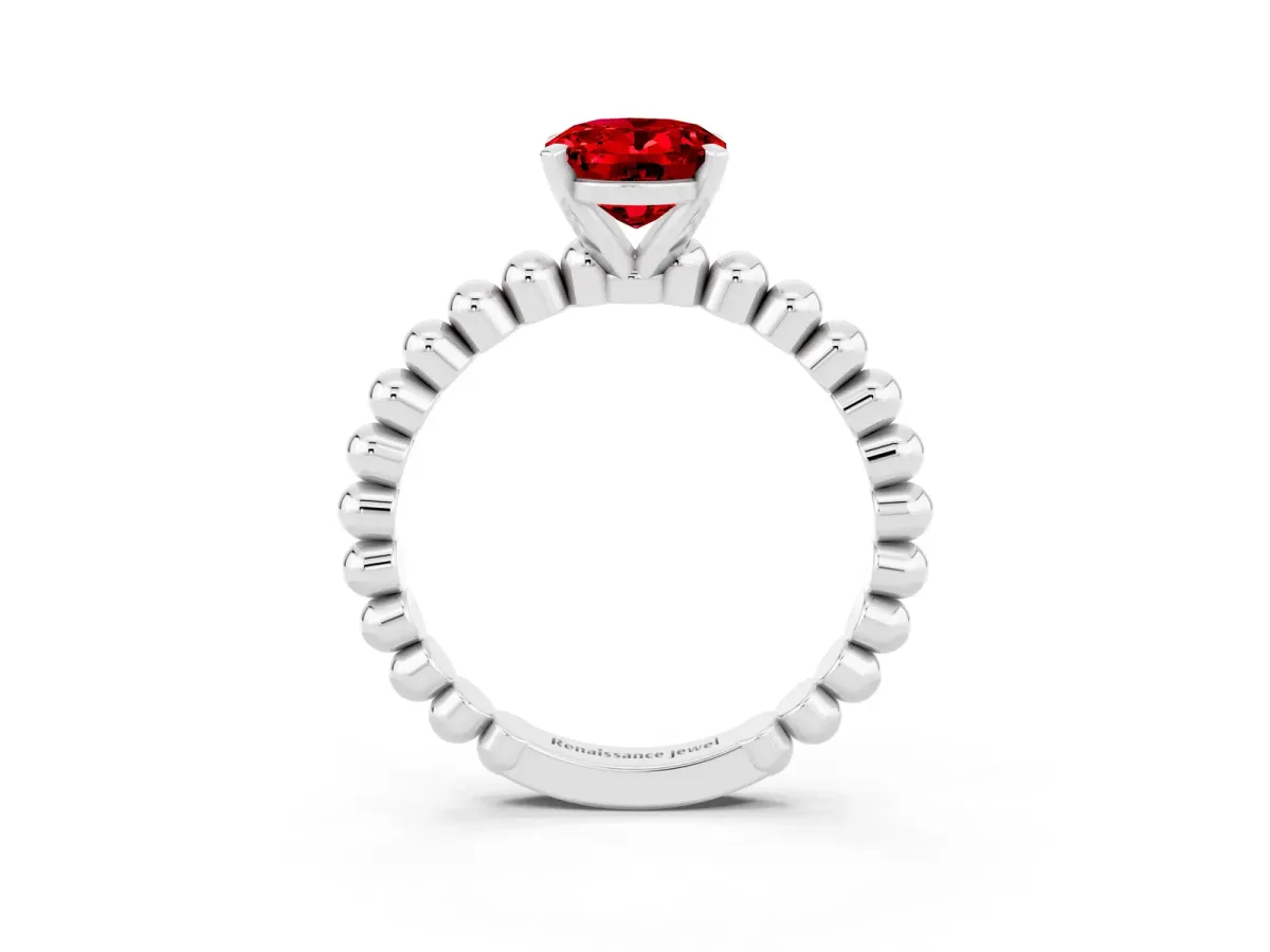 Oval Cut Ruby Solitaire Ring with Beaded Band and Prong Setting White gold