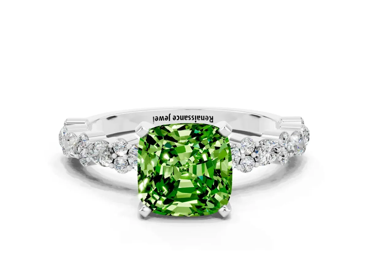 Cushion Cut Peridot Side Stone Solitaire Ring with Round and Four-Prong Setting Platinum