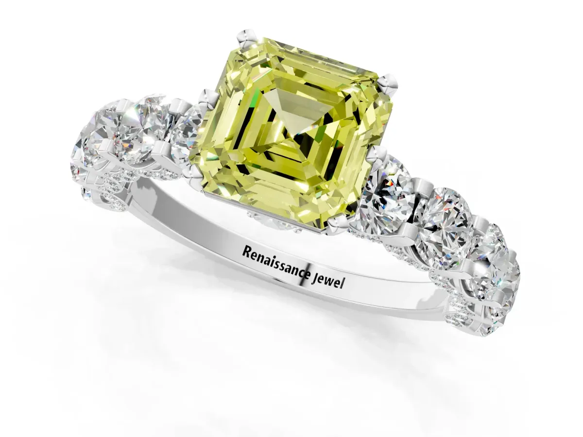 Fancy Yellow Asscher Cut Diamond Side Stone Engagement Ring with Four-Prong Setting White gold