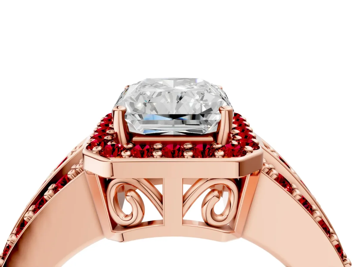 Radiant Cut Halo Diamond Ring with Round Ruby Split Shank and Prong Setting Rose gold