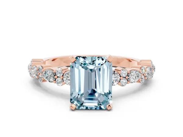 Emerald Cut Aquamarine Side Stone Solitaire Ring with Round and Four-Prong Setting Rose gold