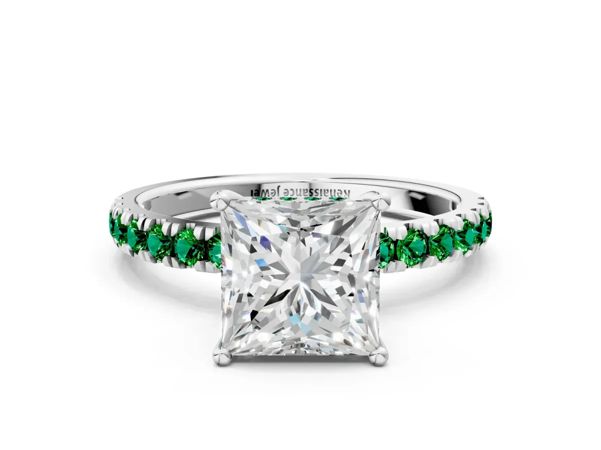 Princess Cut Diamond Pave Band Solitaire Ring with Round Emerald and Prong Setting Silver