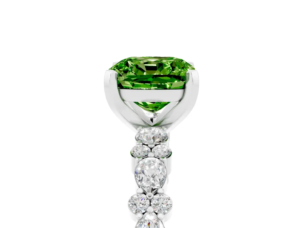 Cushion Cut Peridot Side Stone Solitaire Ring with Round and Four-Prong Setting Platinum