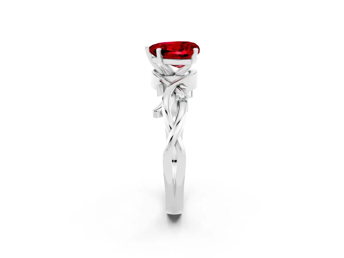 Heart Cut Ruby Solitaire Ring with Twisted Band and Prong Setting Platinum