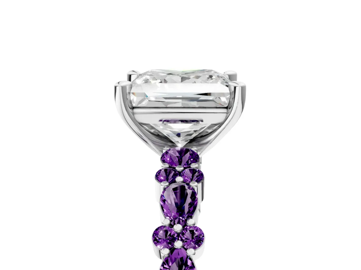 Princess Cut Diamond Side Stone Solitaire Ring with Round Amethyst and Four-Prong Setting Platinum