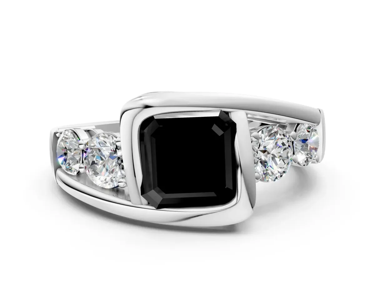 Fancy Black Bezel Set Asscher Cut Diamond Bypass Ring with Round Accents Platinum