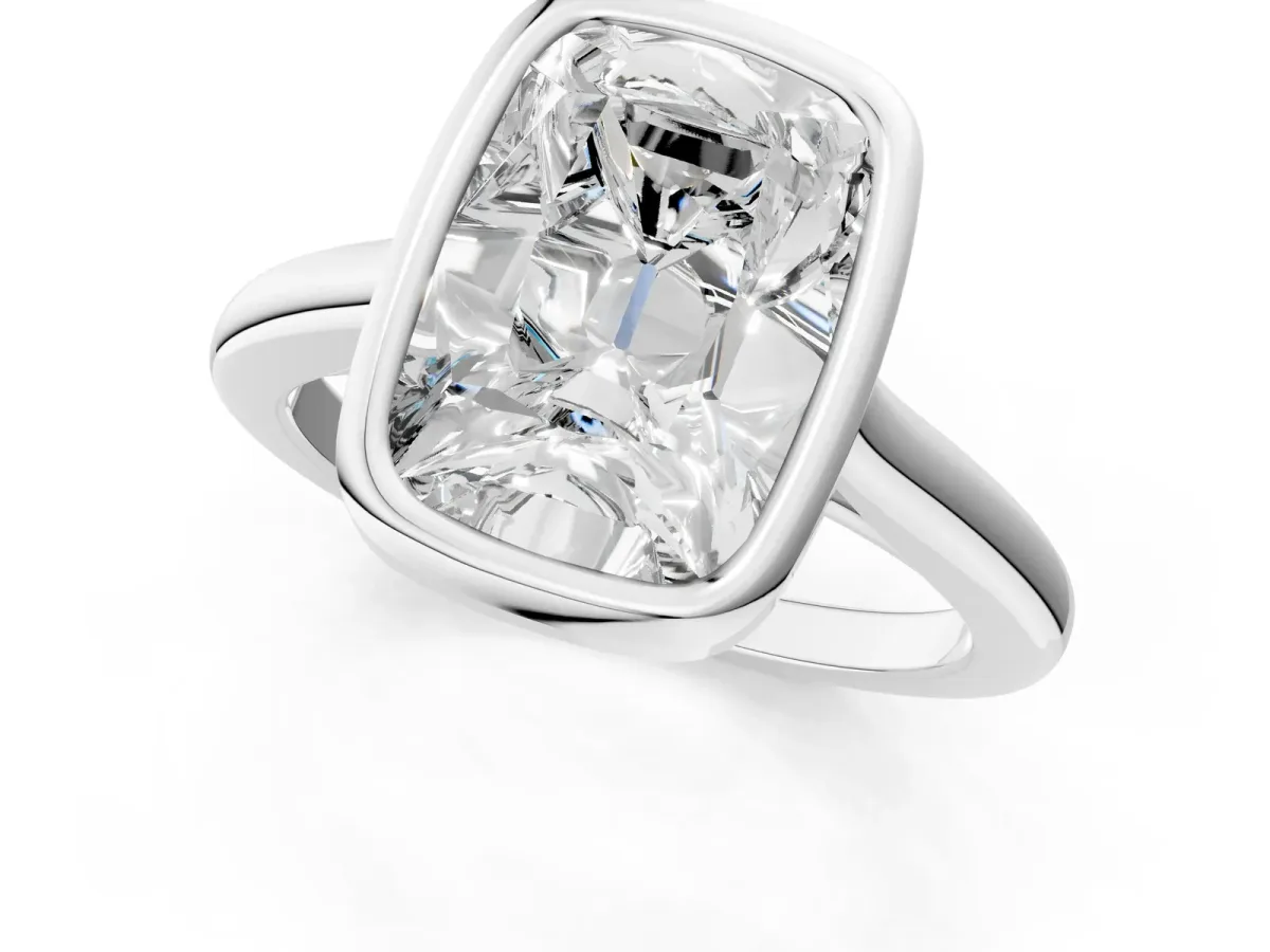 Old Mine Elongated Cushion Diamond Bezel Set Ring White gold