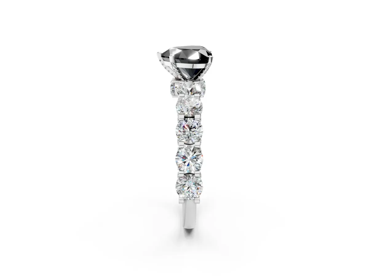 Fancy Black Heart Cut Diamond Side Stone Engagement Ring with Four-Prong Setting White gold