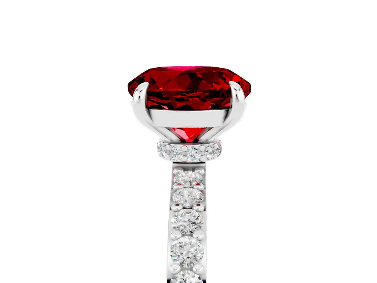 Round Cut Ruby Solitaire Engagement Ring with Pavé Band and Four-Prong Setting Platinum