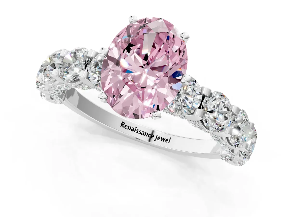 Fancy Pink Oval Cut Diamond Side Stone Engagement Ring with Four-Prong Setting Platinum