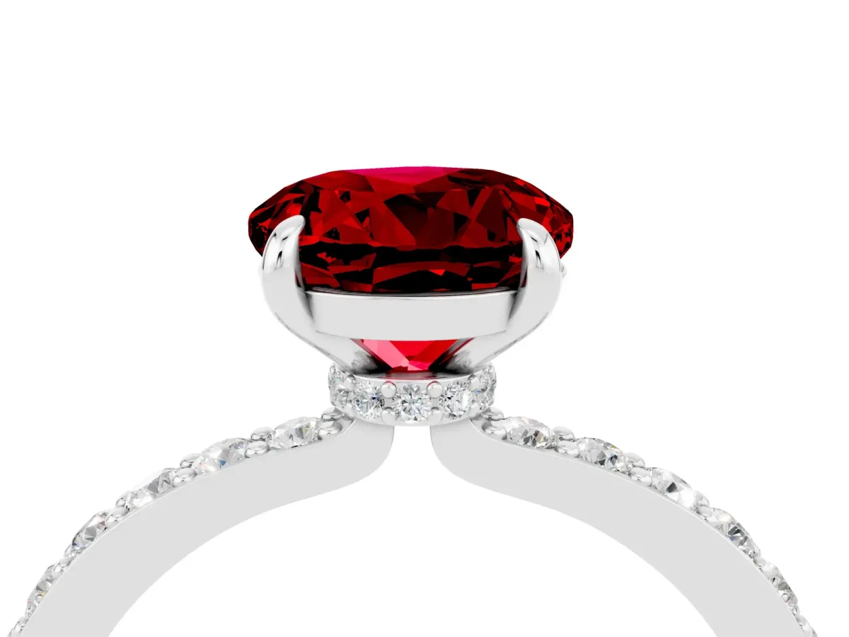 Round Cut Ruby Solitaire Engagement Ring with Pavé Band and Four-Prong Setting Platinum
