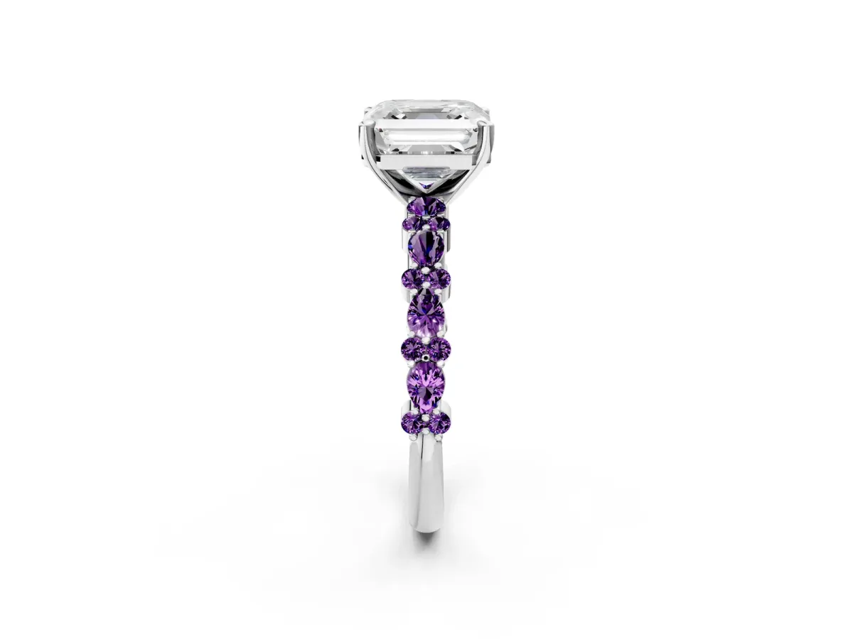 Asscher Cut Diamond Side Stone Solitaire Ring with Round Amethyst and Four-Prong Setting Platinum