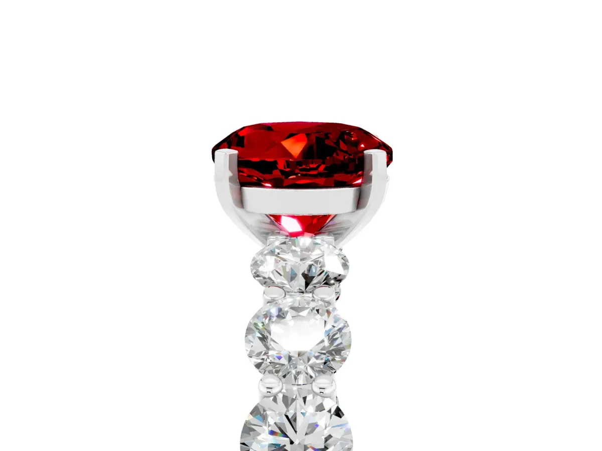 Round Cut Ruby Prong Setting with Side Stones on a Pave Band Silver