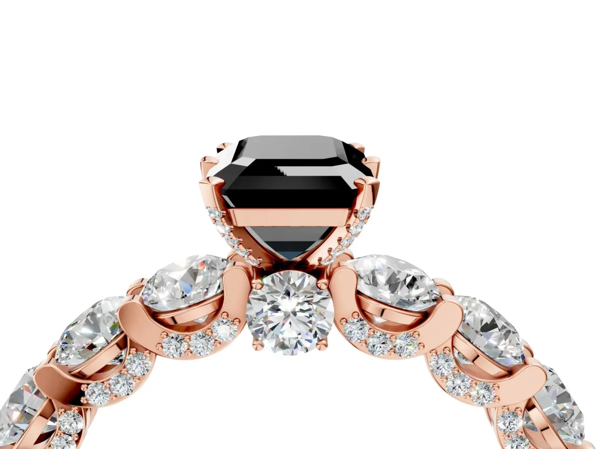 Fancy Black Emerald Cut Diamond Side Stone Engagement Ring with Four-Prong Setting Rose gold