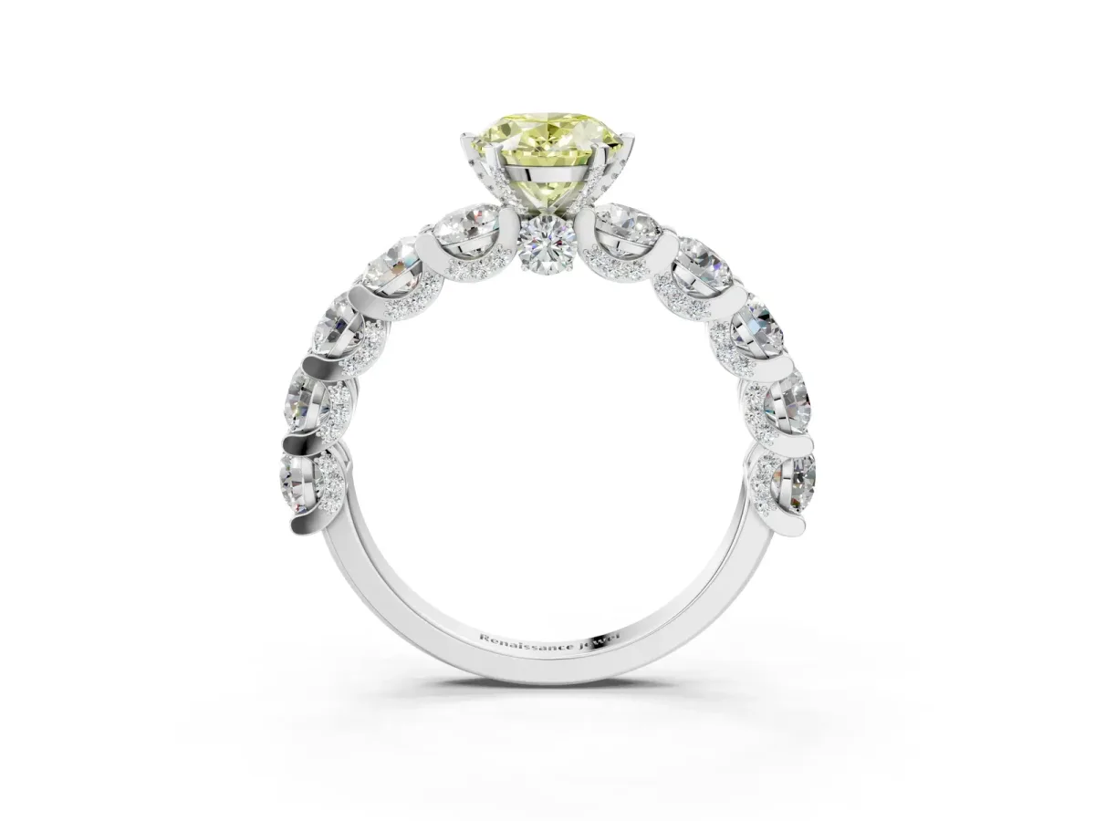 Fancy Yellow Oval Cut Diamond Side Stone Engagement Ring with Four-Prong Setting Silver