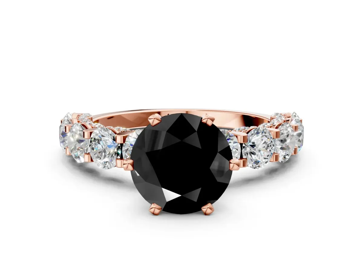 Fancy Black Round Cut Diamond Side Stone Engagement Ring with Four-Prong Setting Rose gold