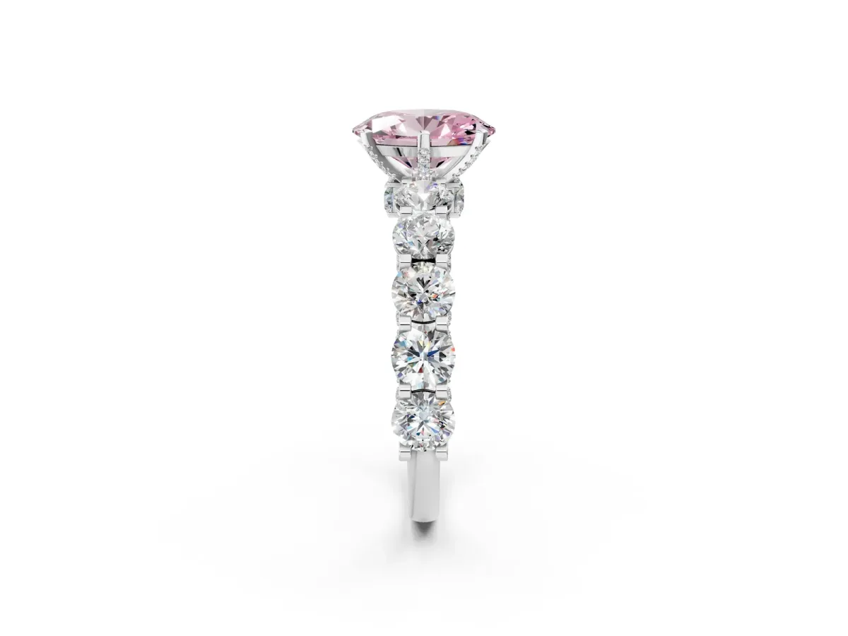 Fancy Pink Oval Cut Diamond Side Stone Engagement Ring with Four-Prong Setting White gold