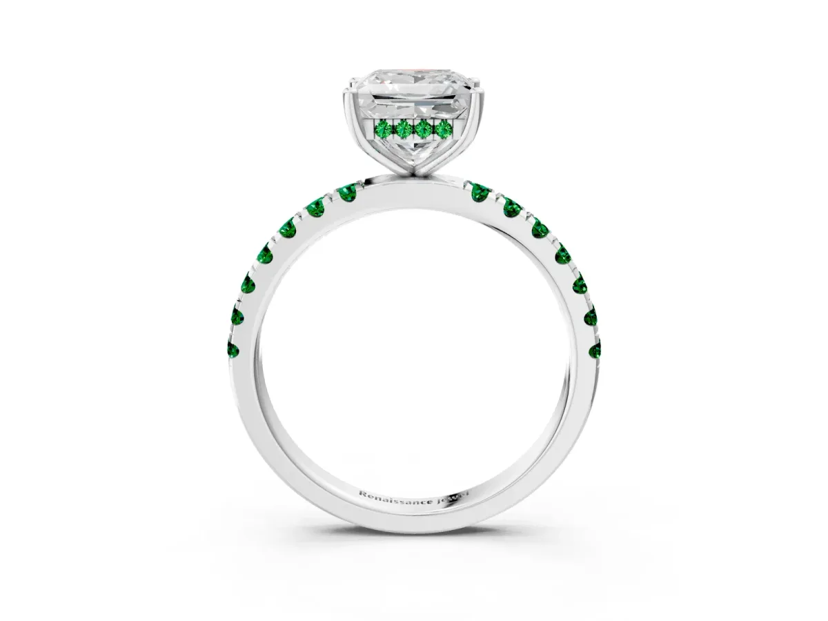 Princess Cut Diamond Pave Band Solitaire Ring with Round Emerald and Prong Setting Silver