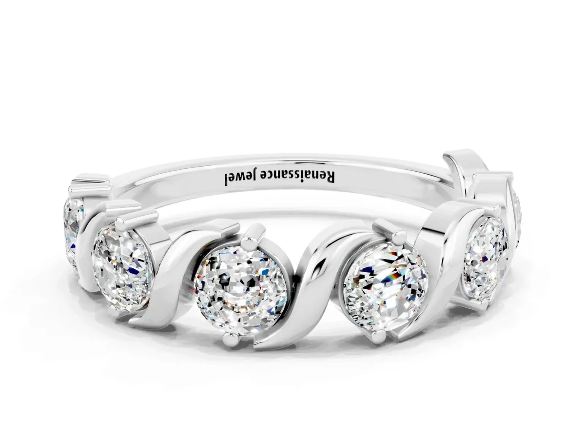 Six-Stone Round Moissanite Wave Band with Shared Prong Setting Silver