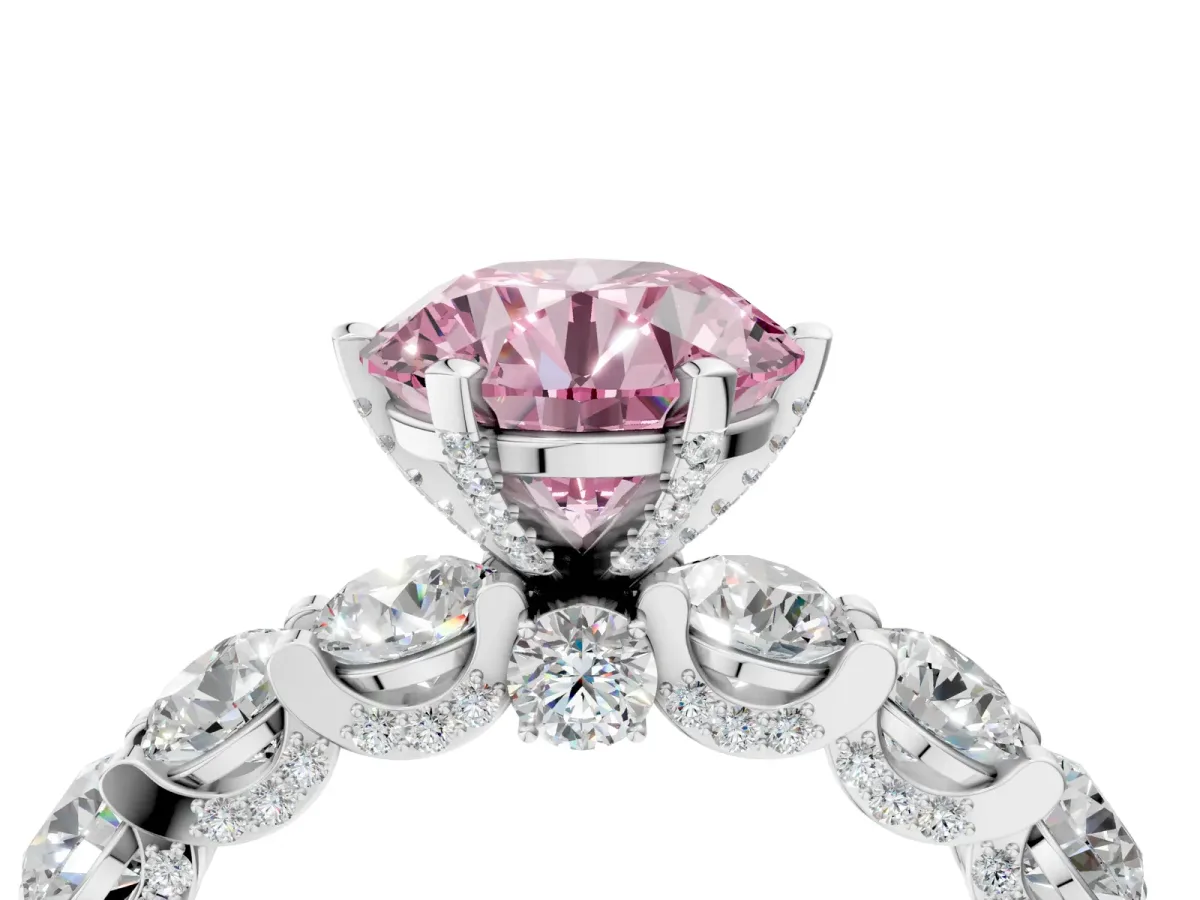 Fancy Pink Round Cut Diamond Side Stone Engagement Ring with Four-Prong Setting White gold