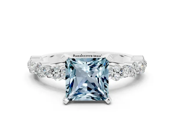 Princess Cut Aquamarine Side Stone Solitaire Ring with Round and Four-Prong Setting Platinum