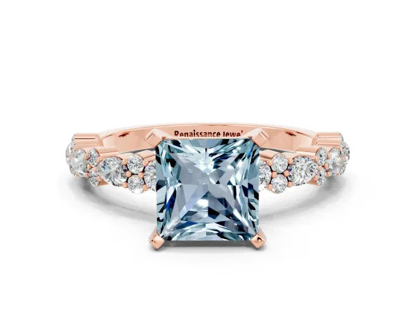 Princess Cut Aquamarine Side Stone Solitaire Ring with Round and Four-Prong Setting Rose gold