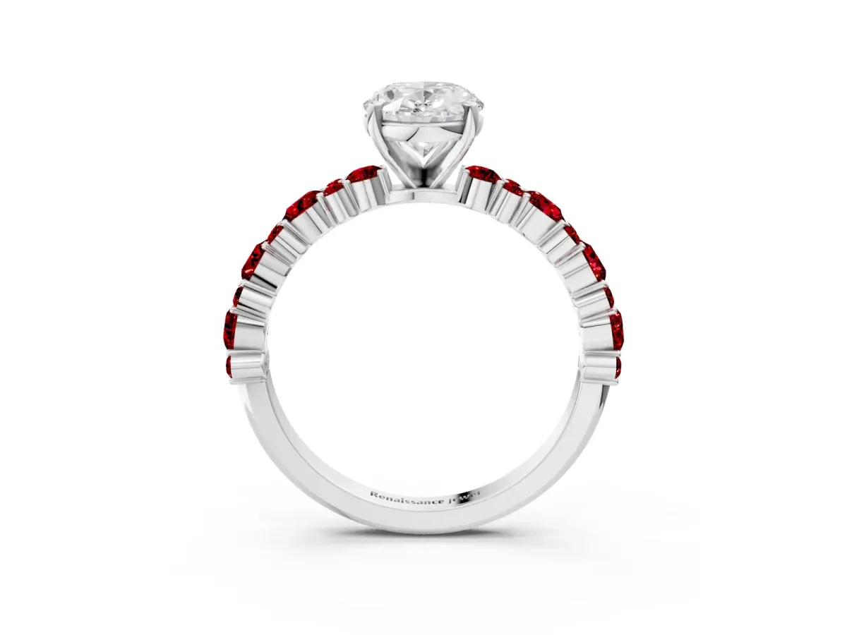 Oval Cut Diamond Side Stone Solitaire Ring with Round Ruby and Four-Prong Setting White gold