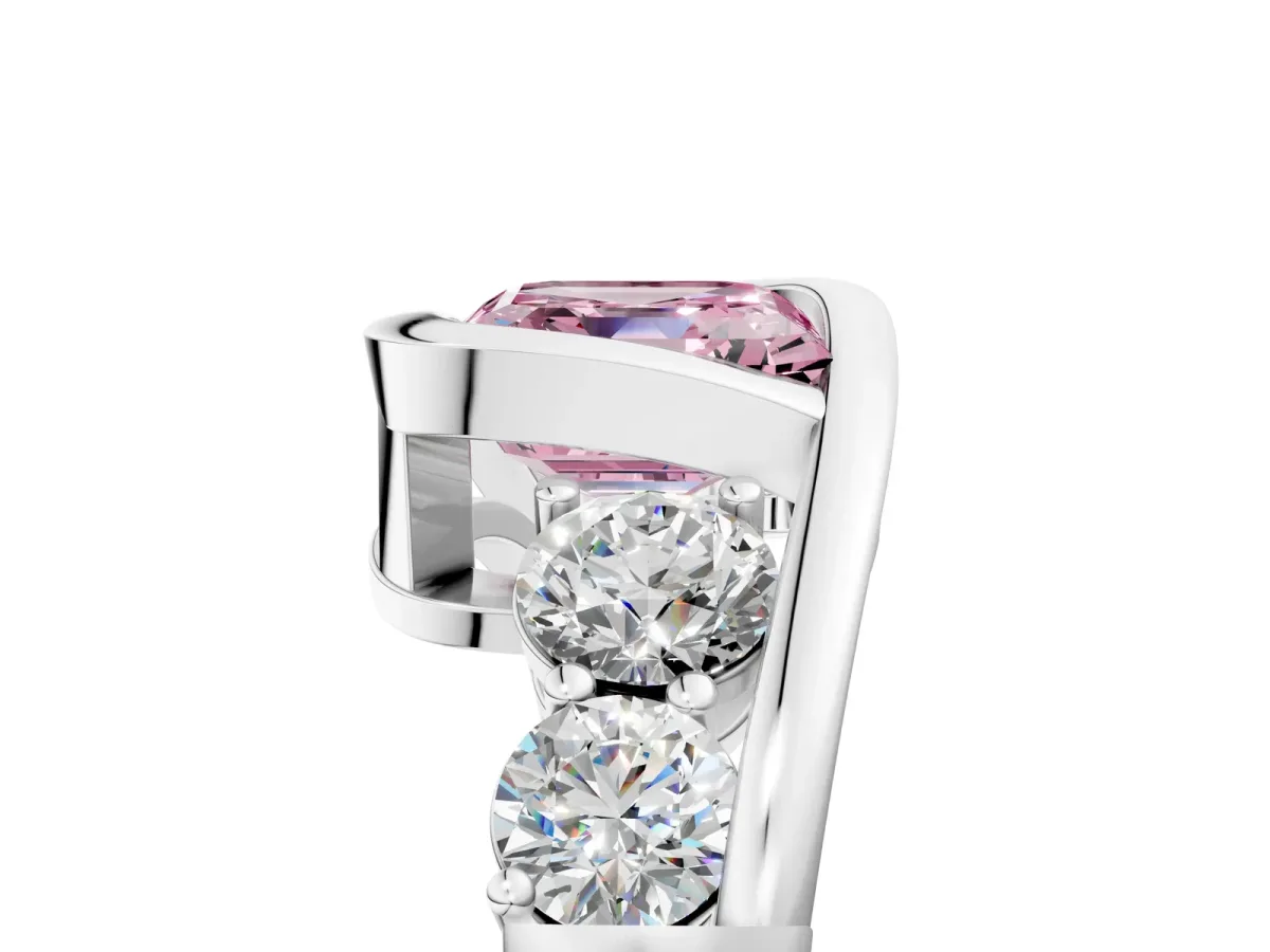 Fancy Pink Bezel Set Asscher Cut Diamond Bypass Ring with Round Accents Platinum