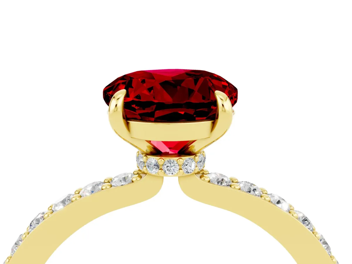 Round Cut Ruby Solitaire Engagement Ring with Pavé Band and Four-Prong Setting Yellow gold