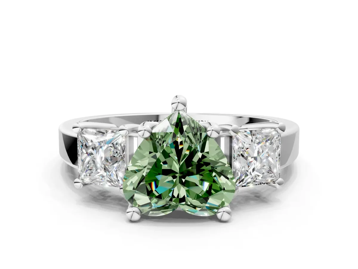 Fancy Green Three-Stone Heart Cut Cut Solitaire Ring with Prong Setting Platinum