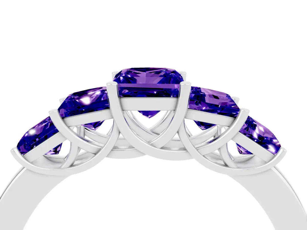 Princess Cut Five-Stone Tanzanite Ring with Classic Prong Setting Silver