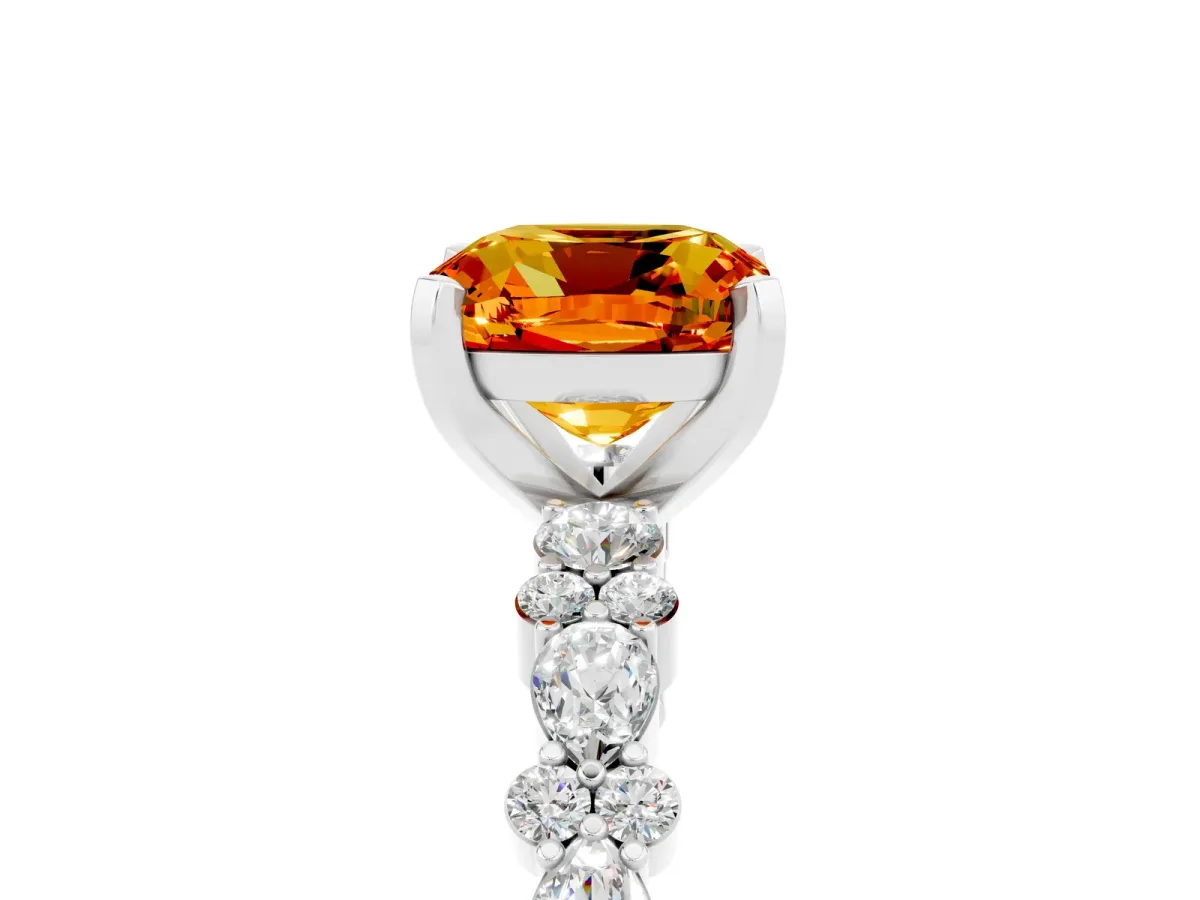Cushion Cut Citrine Side Stone Solitaire Ring with Round and Four-Prong Setting Platinum