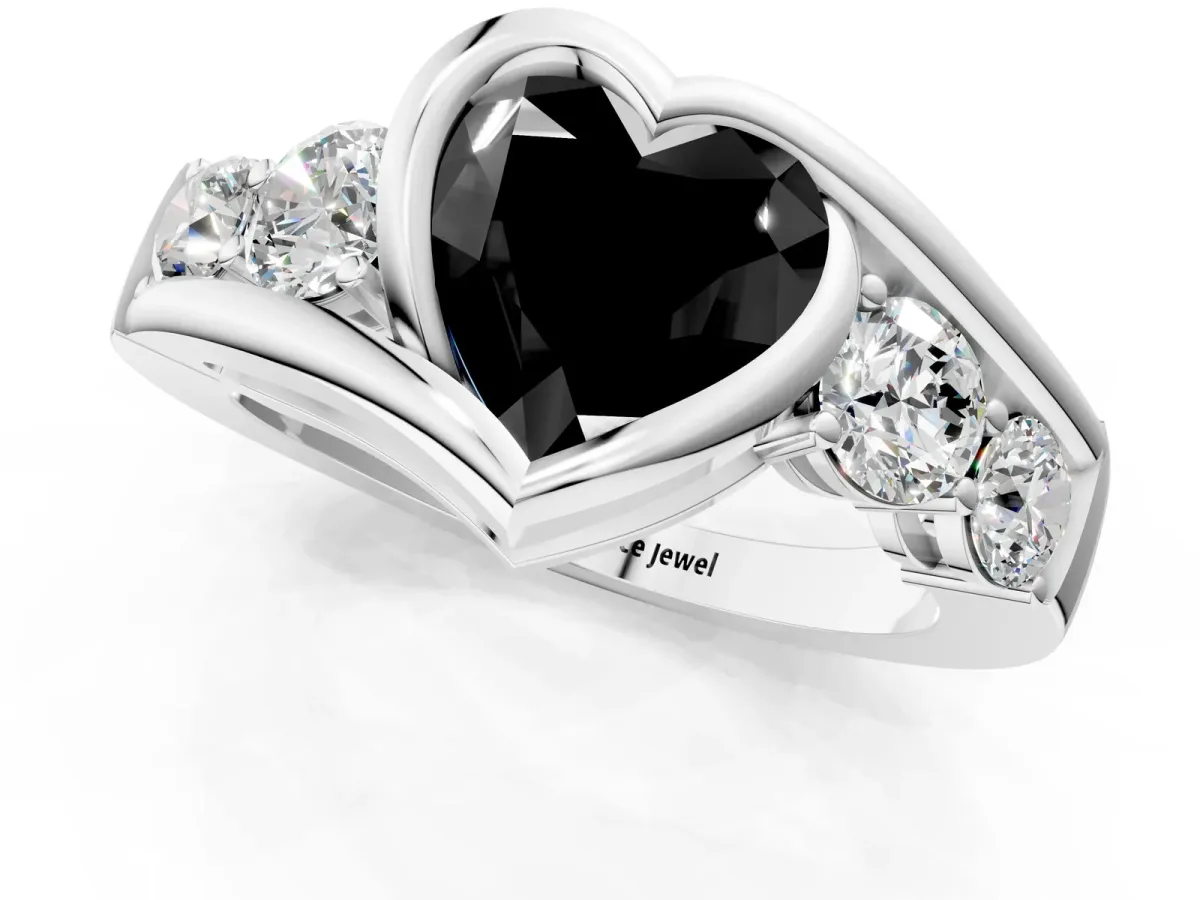 Fancy Black Bezel Set Heart Cut Diamond Bypass Ring with Round Accents Platinum