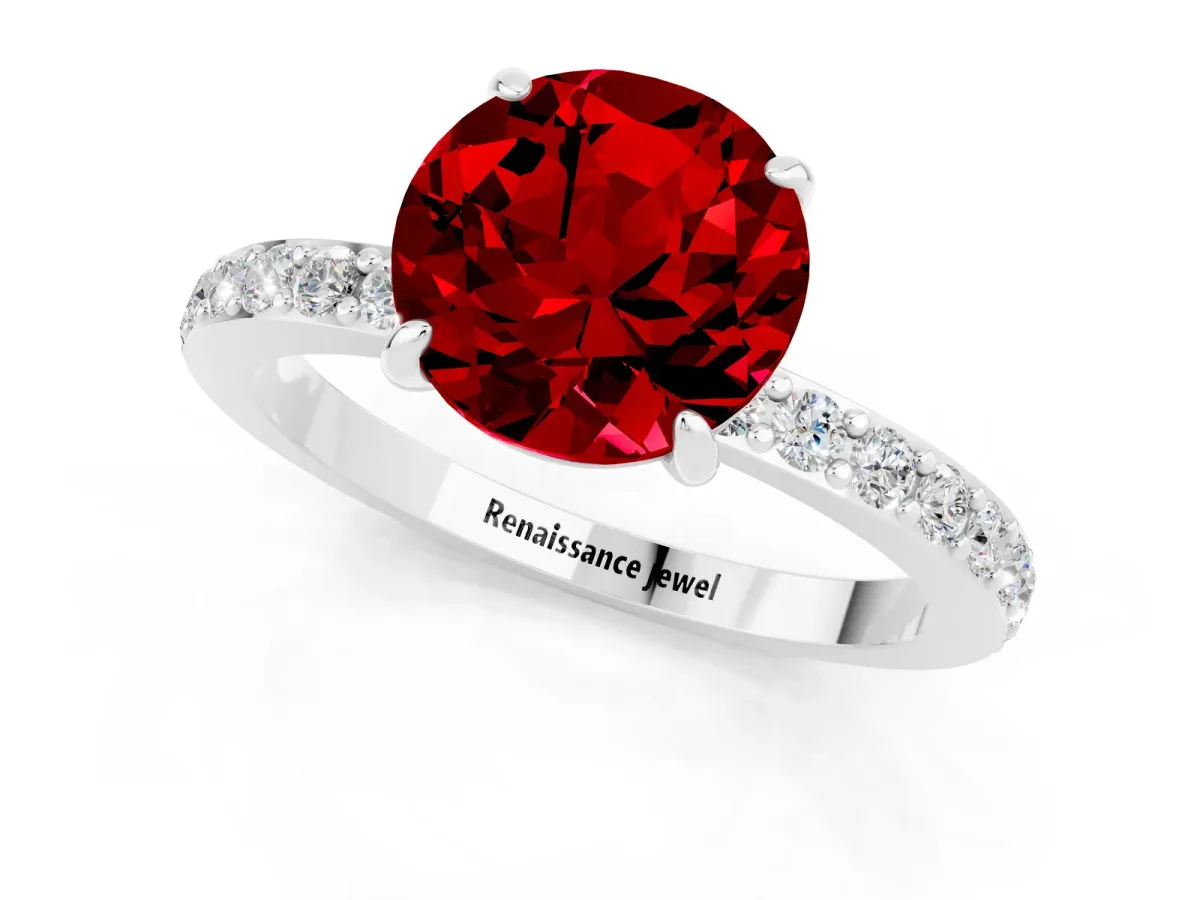 Round Cut Ruby Solitaire Engagement Ring with Pavé Band and Four-Prong Setting Platinum