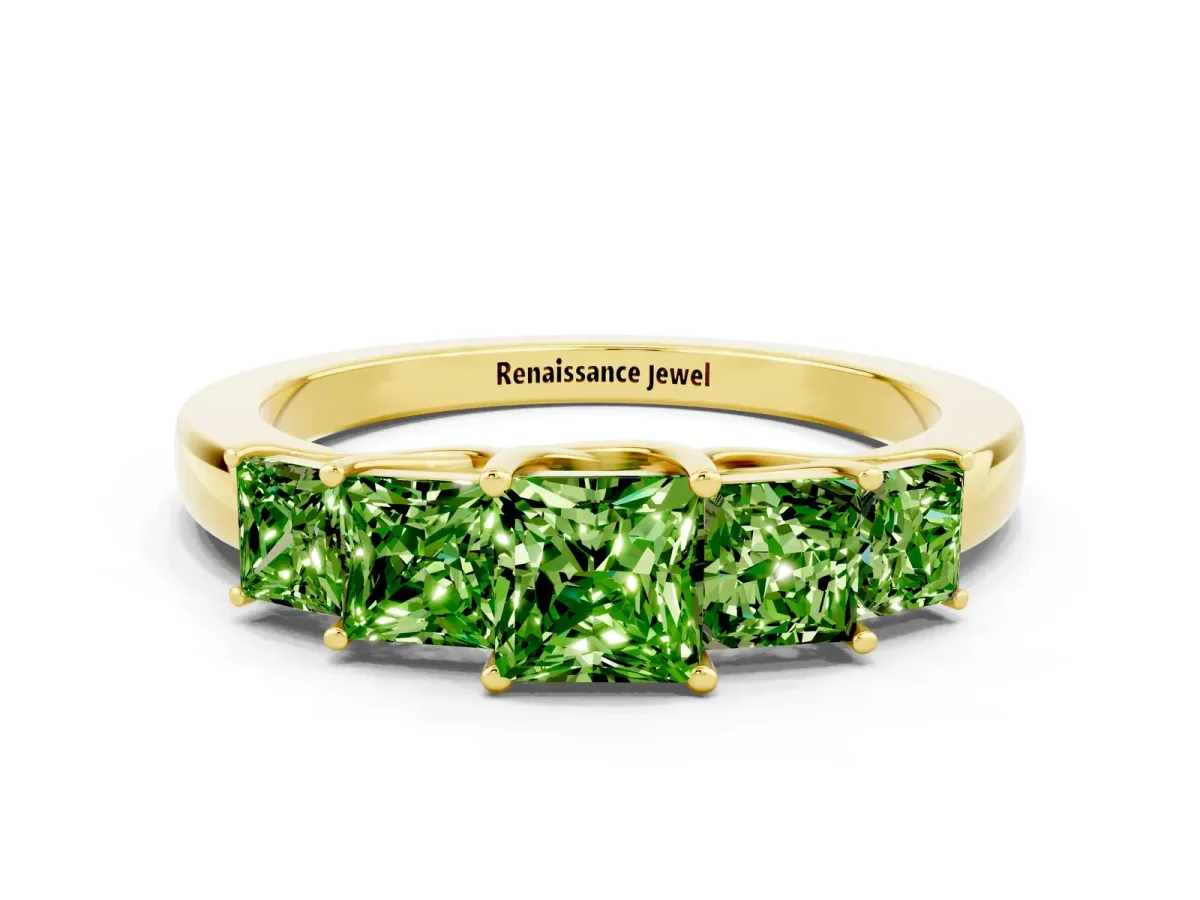 Princess Cut Five-Stone Peridot Ring with Classic Prong Setting Yellow gold